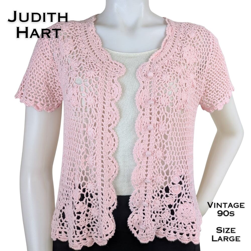 Judith Hart Crochet Cardigan Large Pastel Pink Short Sleeve Scalloped VTG 90s
